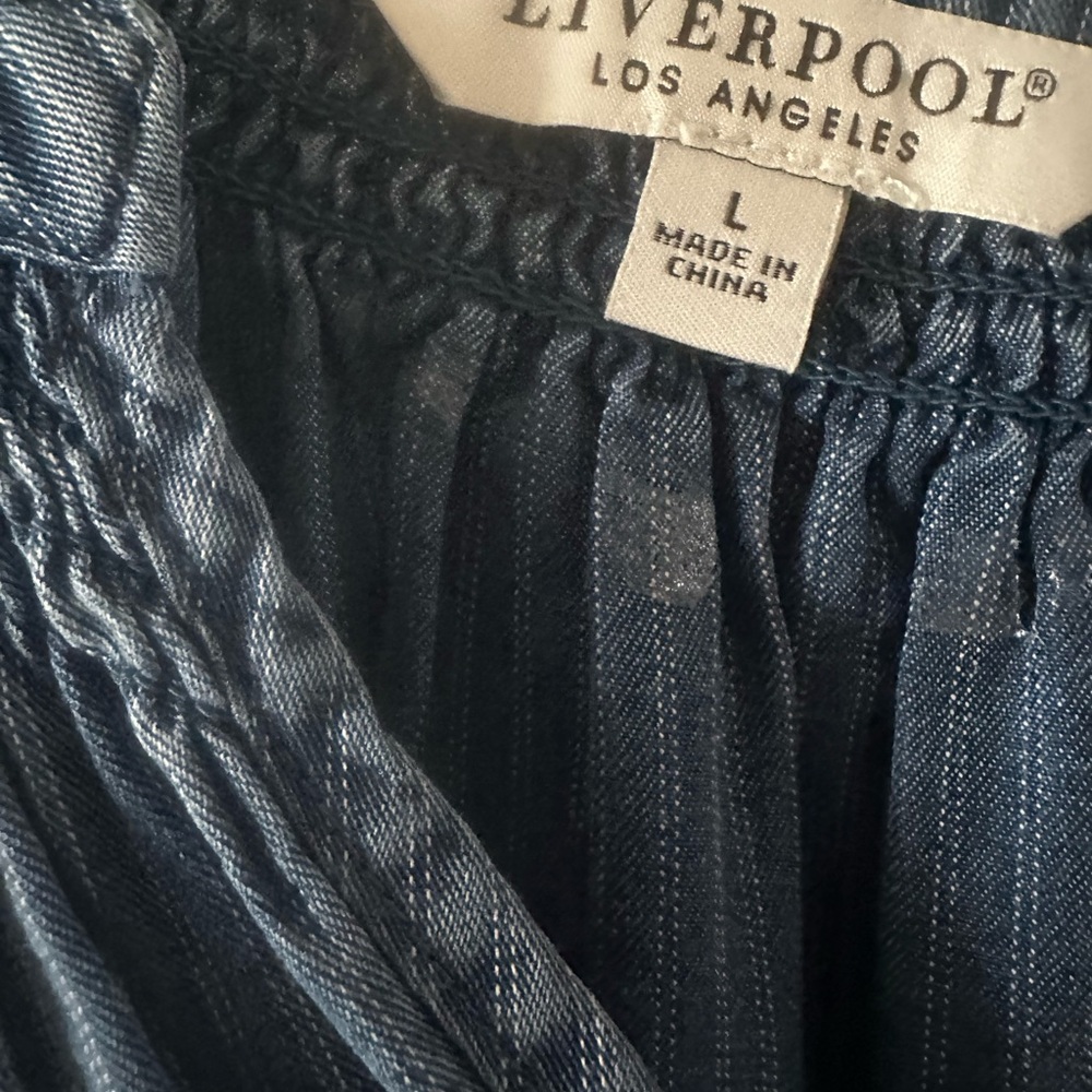 Liverpool Navy Blue Pinstripe Peasant Top - Picture 2 of 7